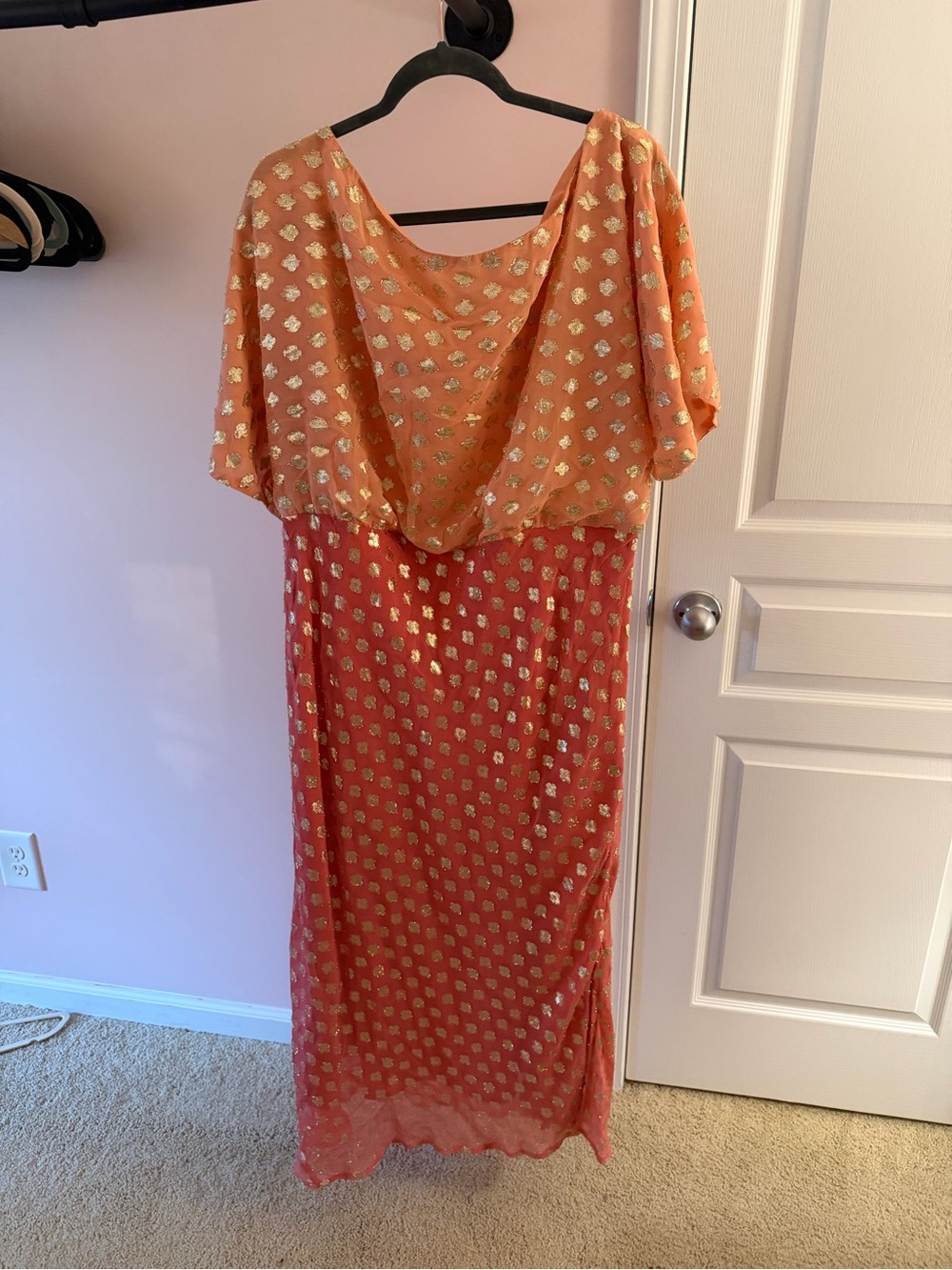 Never Fully Dressed Coral and Peach Maxi Dress with Gold Foil Dot